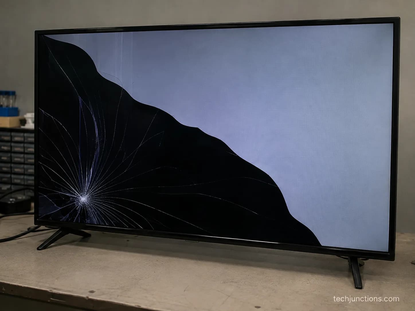 A 50-inch TV powered on showing a spiderweb crack and black bleed spreading from the corner.
