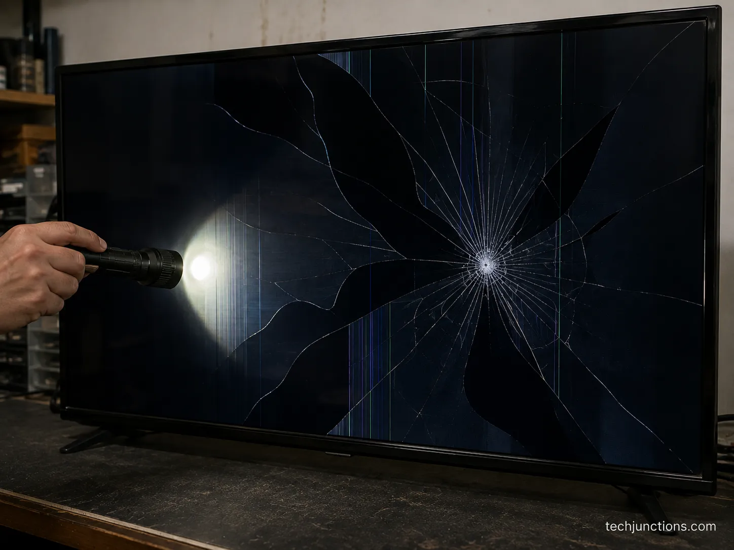 cracked TV screen with spiderweb fracture and dead panel zones