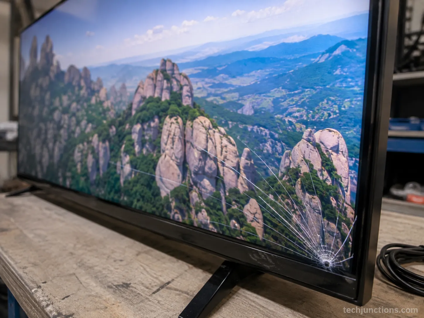 Cracked TV screen still showing a picture during a safety test.