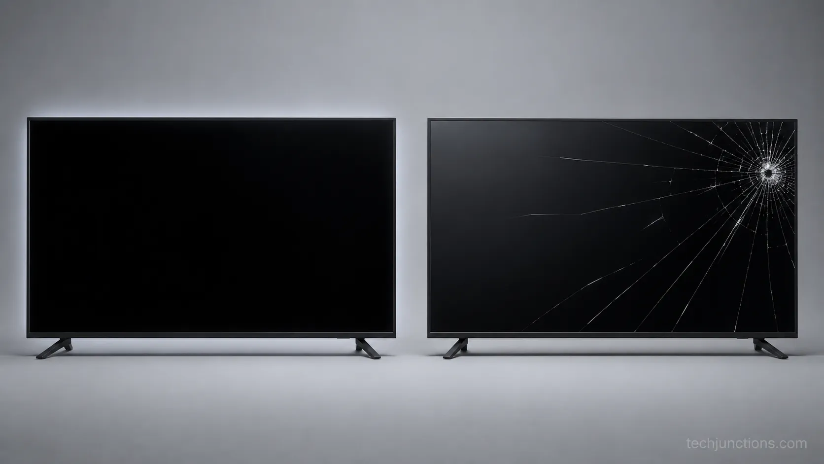 A defect black screen on one TV versus an accidental cracked screen on another, showing what a warranty covers.