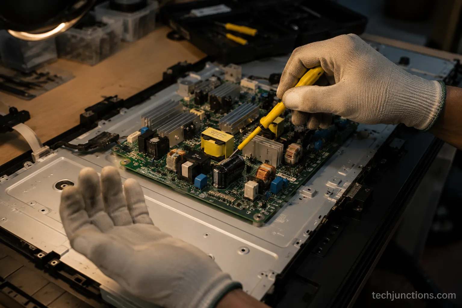 A hand safely discharging a capacitor on a TV power board with an insulated tool