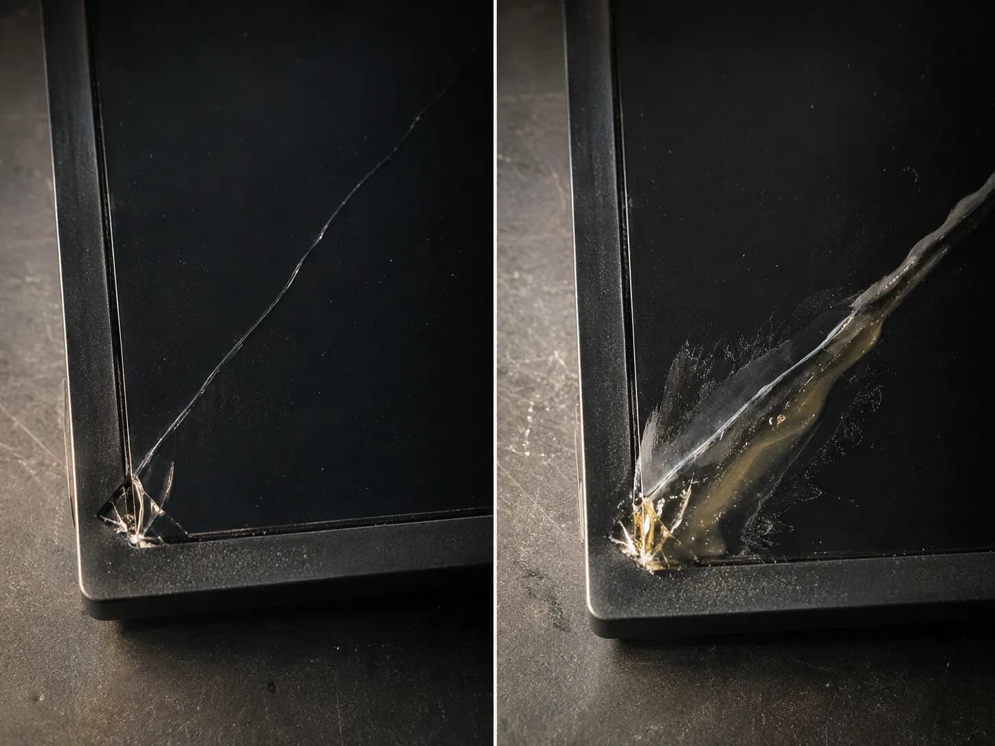 Before and after of a DIY epoxy attempt on a cracked TV panel showing no real improvement.