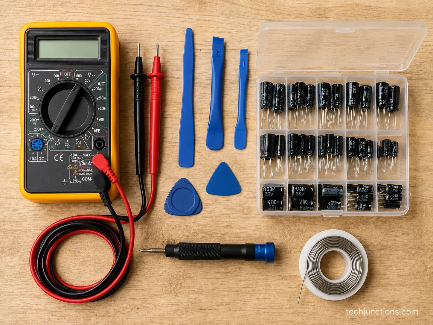DIY TV repair tool kit with multimeter pry tools and capacitor kit