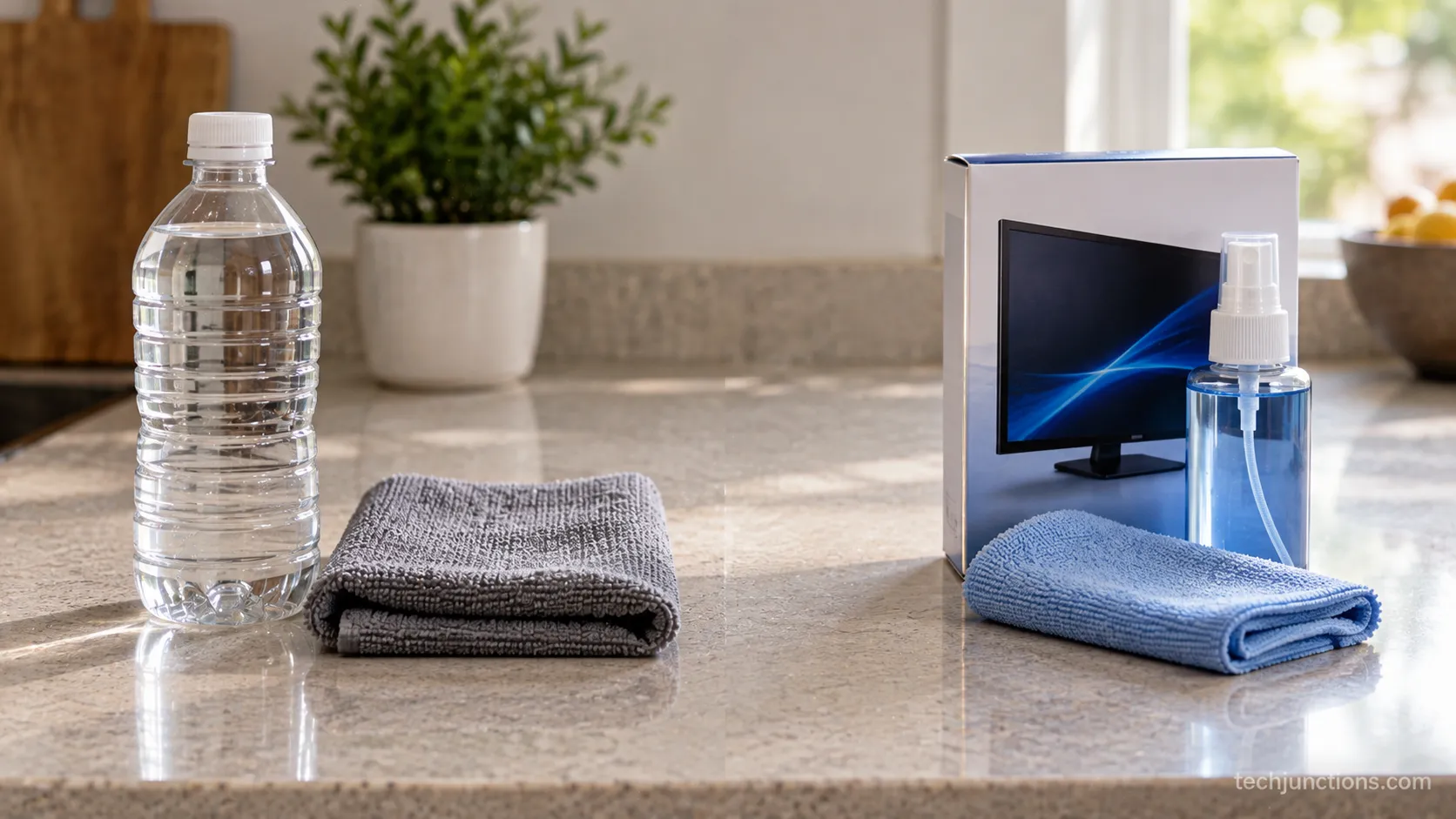 DIY distilled water and microfiber next to a boxed alcohol-free TV screen cleaning kit