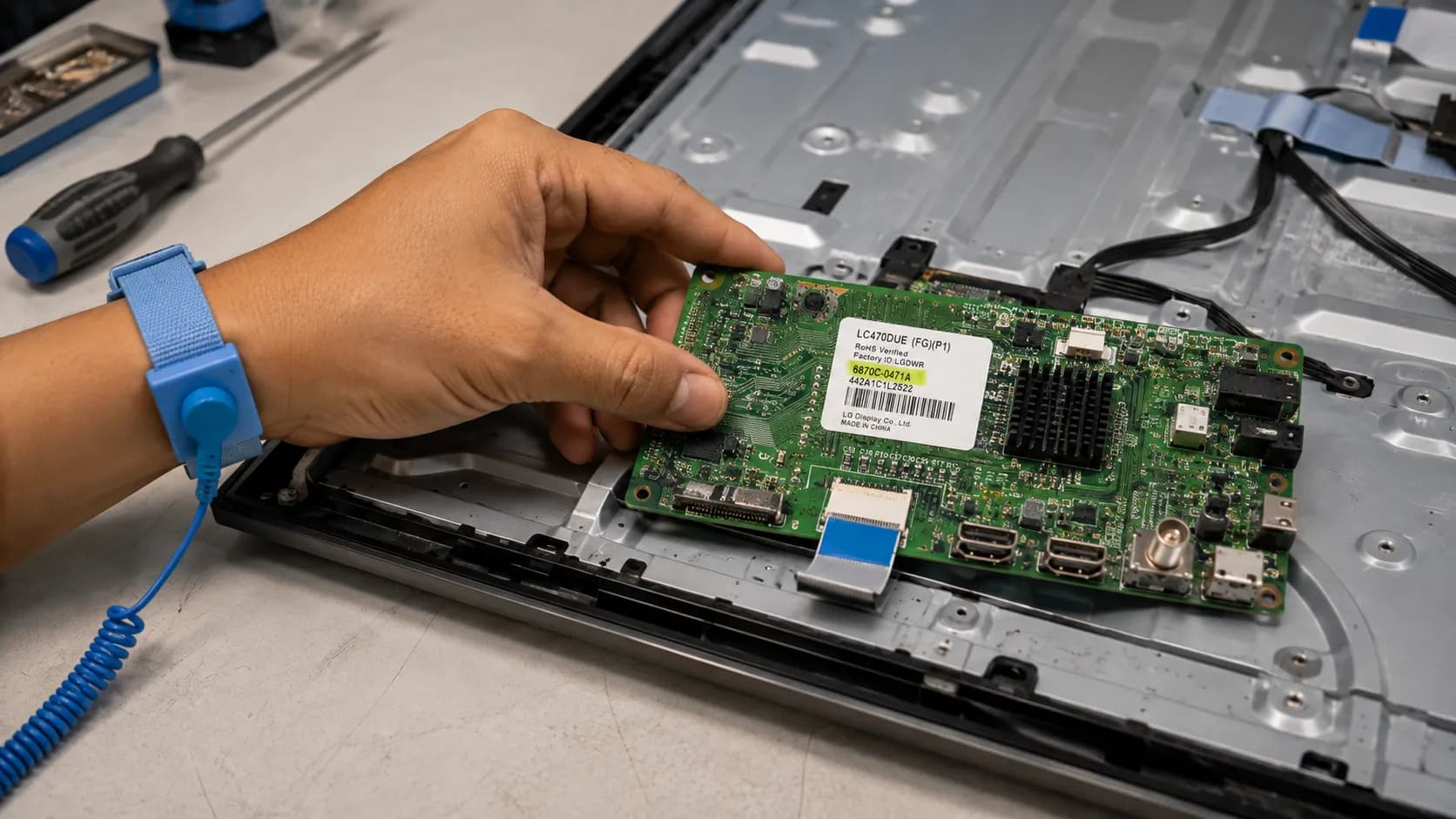 A hand installing a replacement TV board with the part number sticker visible during a DIY repair.
