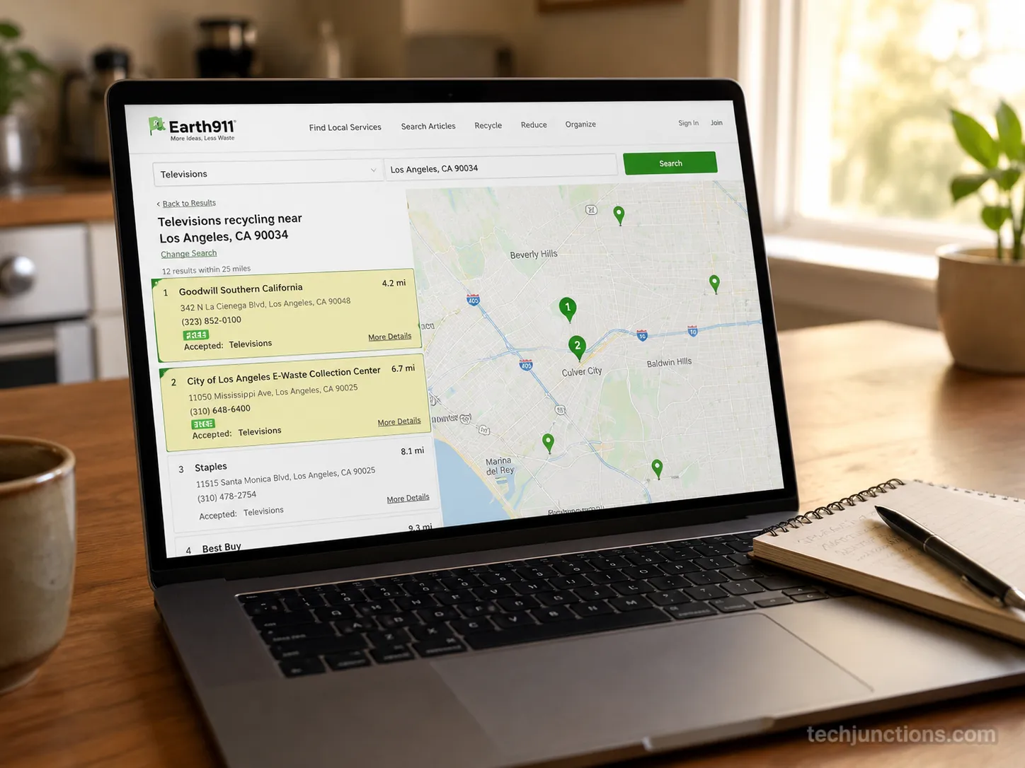 Earth911 locator showing free TV drop-off sites for a sample ZIP code