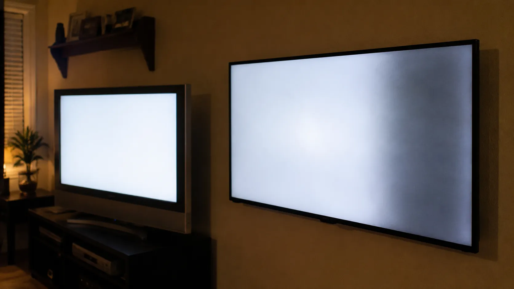 Wall-mounted edge-lit LED TV with the right side of the screen noticeably darker beside an older plasma TV displaying an even, bright picture in a living room.