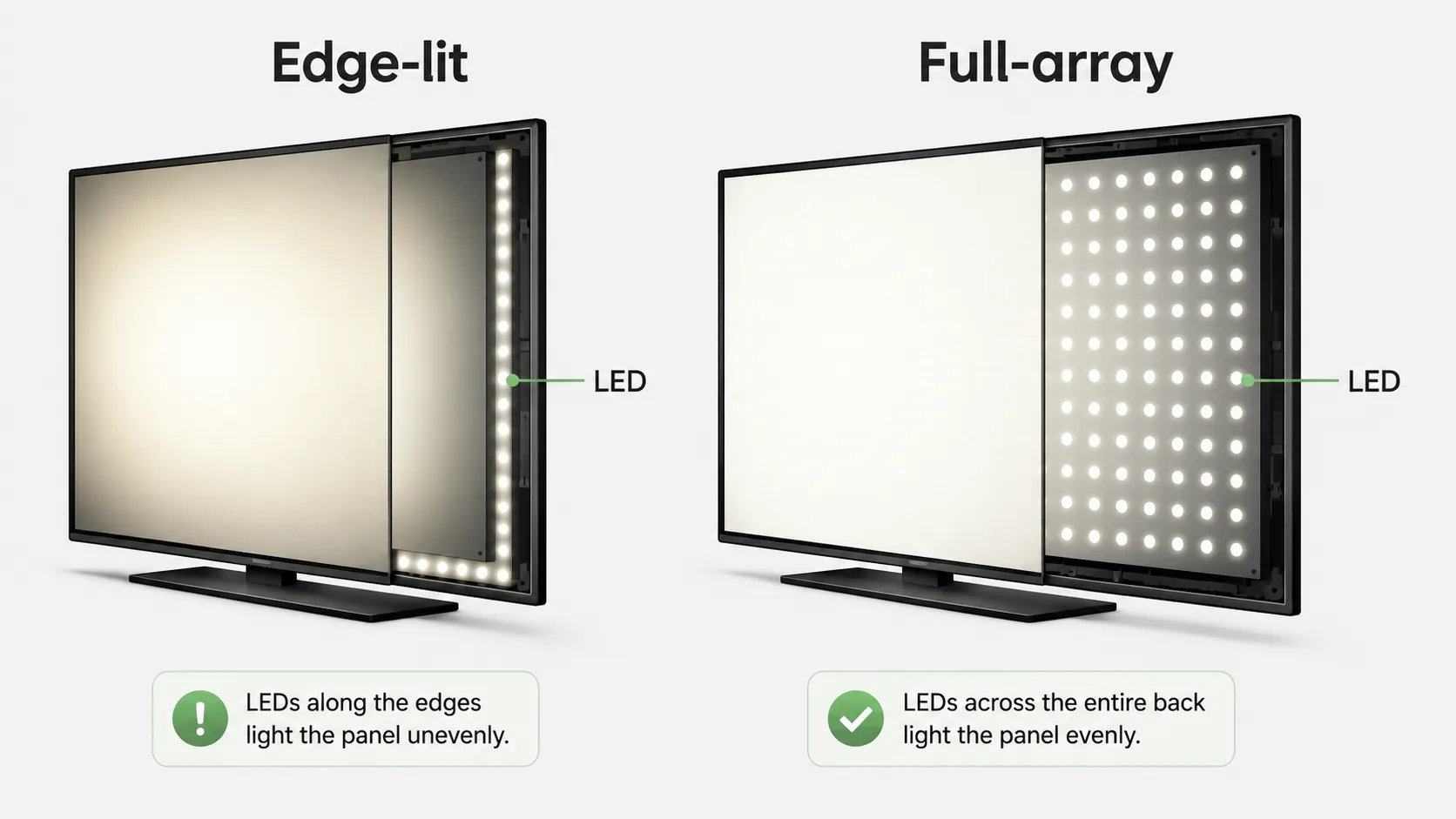 Side-by-side diagram comparing edge-lit and full-array LED TV backlights, showing LEDs along the screen edges versus an evenly distributed LED grid behind the display.
