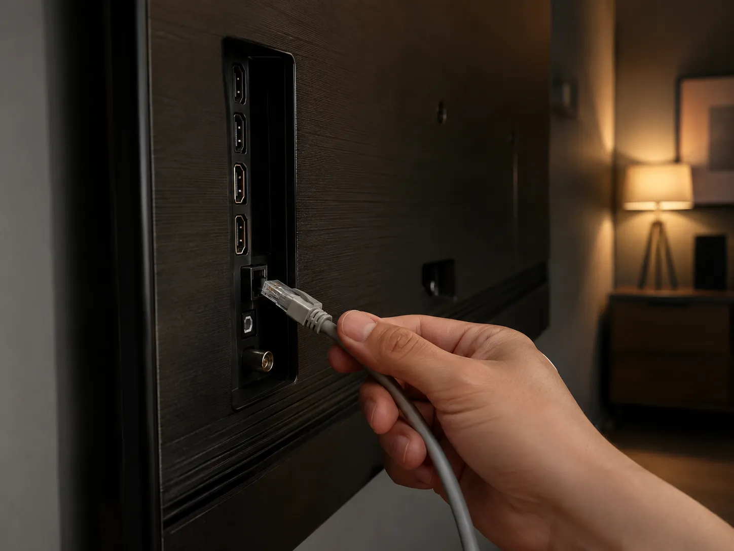 Hand connecting an Ethernet cable from a laptop to the network port on the back of a Samsung smart TV during a wired internet sharing and VPN connection test.