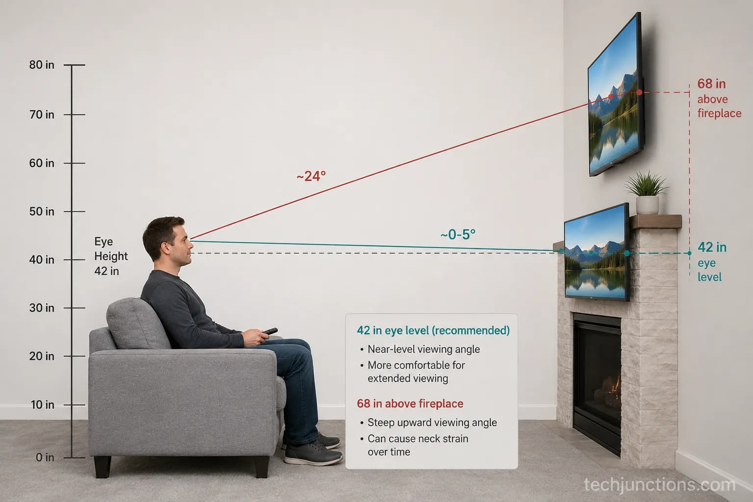 Line-of-sight diagram showing a TV mounted too high above a fireplace versus eye level.