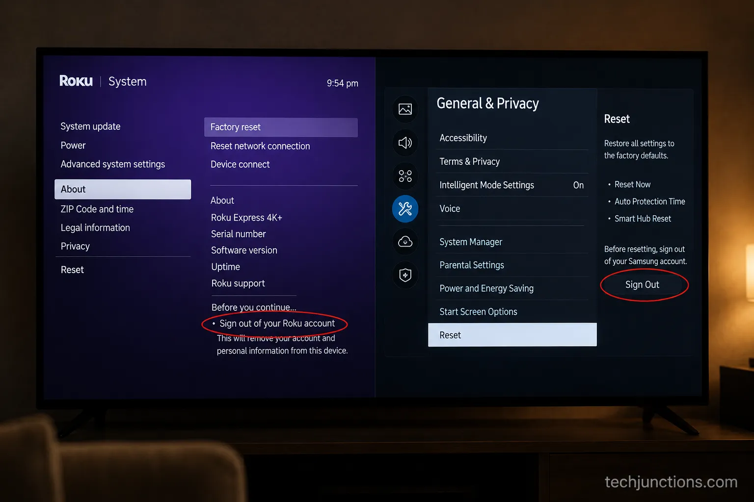 Factory reset menu on a Samsung Tizen TV with the account sign-out step highlighted