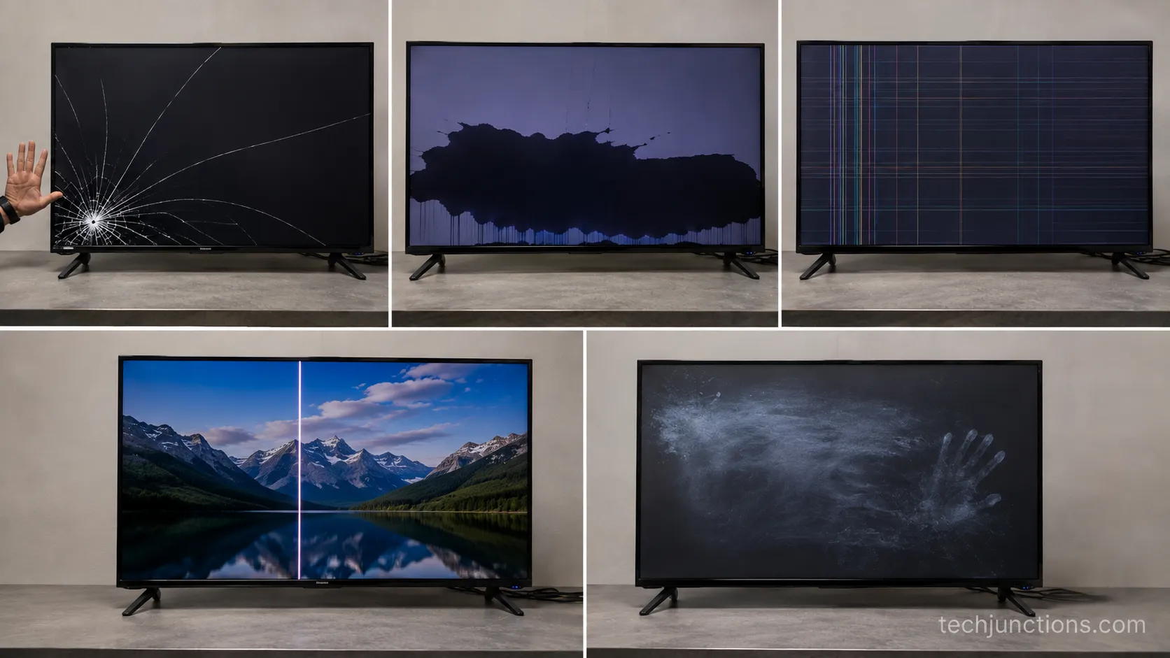 Labeled photo grid of five TV screen damage types from spider-web crack to cleaning haze.