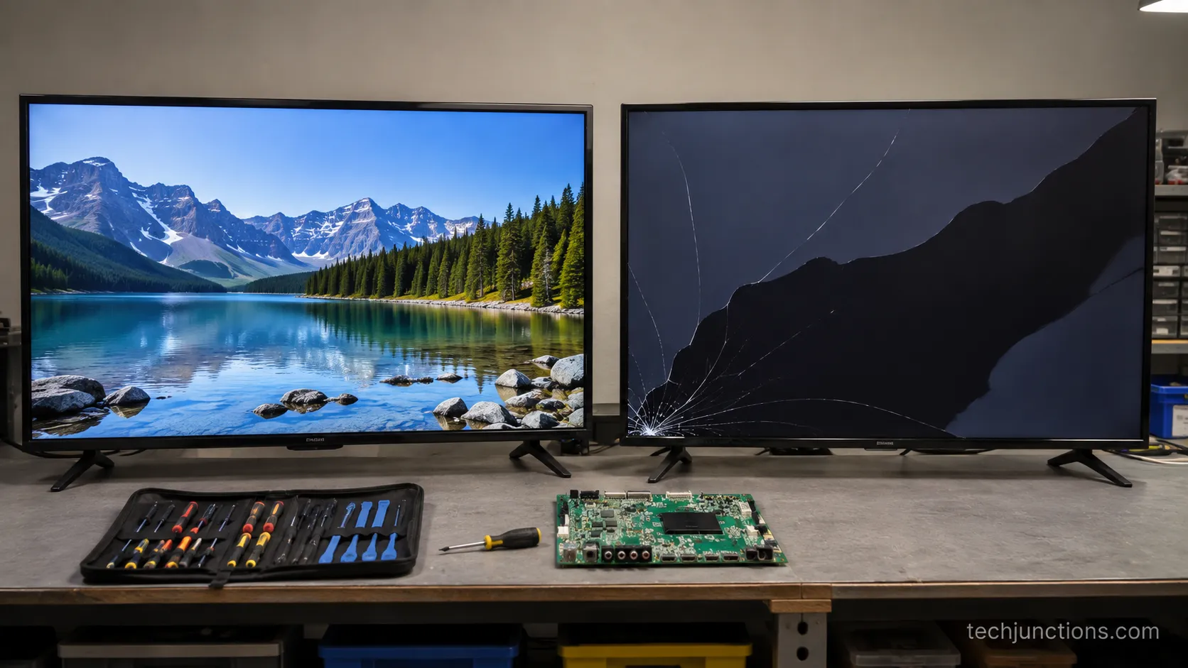 A repaired working TV beside a fatally cracked TV showing ink-blot panel damage.