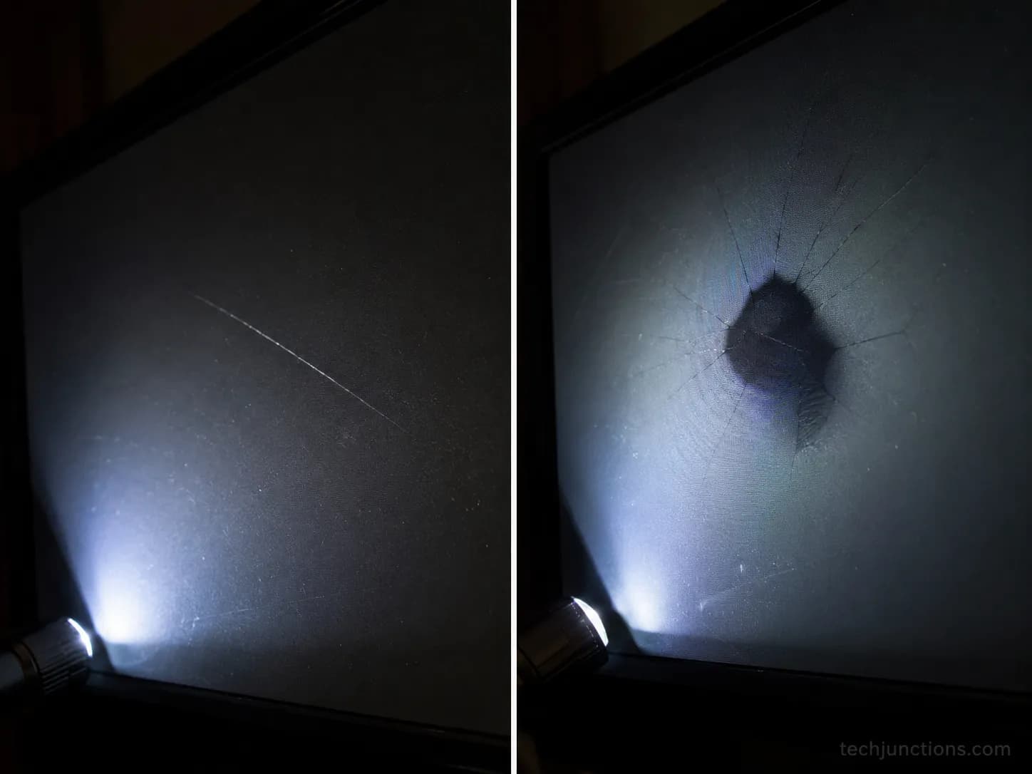 Flashlight test comparing an outer scratch to an internal TV screen crack.