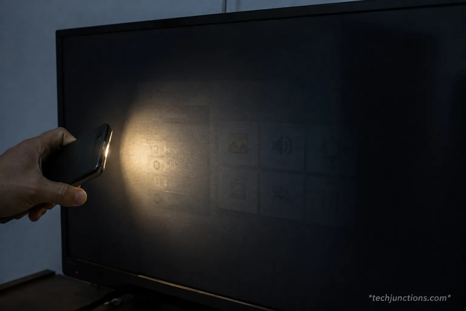 Flashlight test showing a faint ghost image on a TV with a dead backlight.