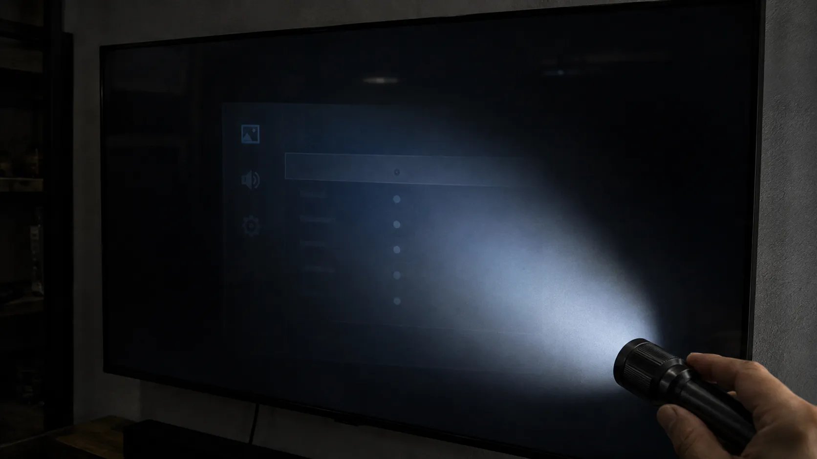 Flashlight angled across a dark TV screen revealing a faint on-screen menu during a diagnosis.