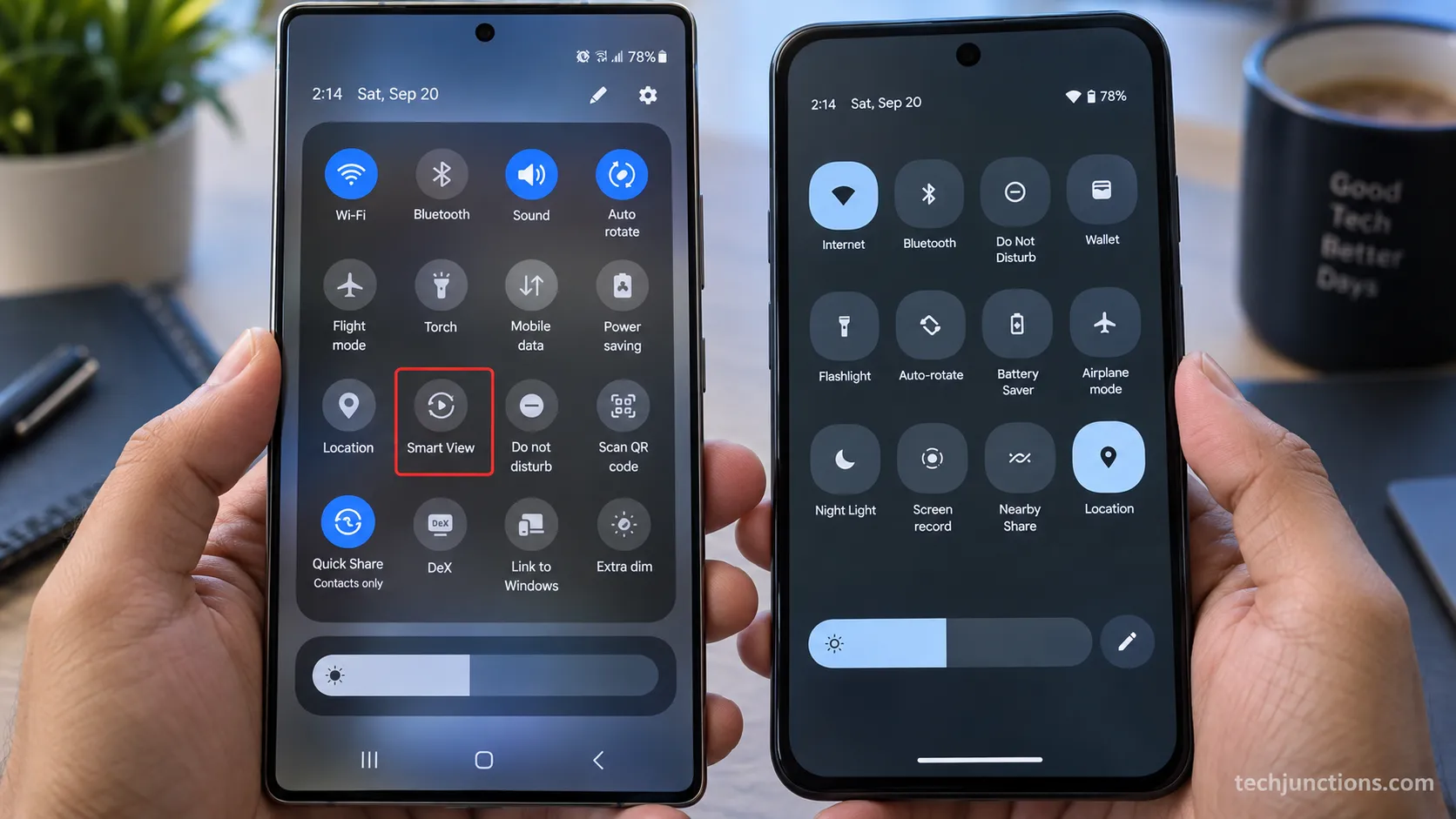 Galaxy Quick Settings showing Smart View beside a Pixel panel without it.