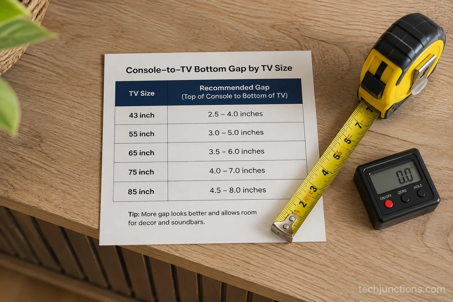 gap by TV size reference table for mounting a TV above a console