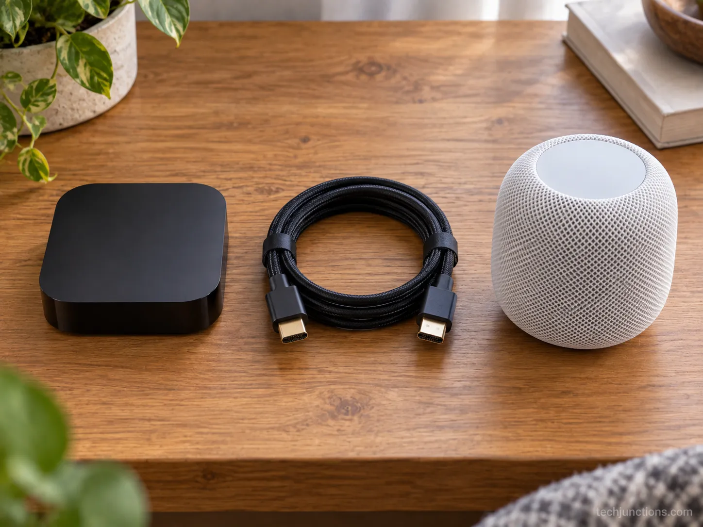 An Apple TV 4K, an HDMI cable and a HomePod laid out as the gear needed to connect a HomePod to a Samsung TV.