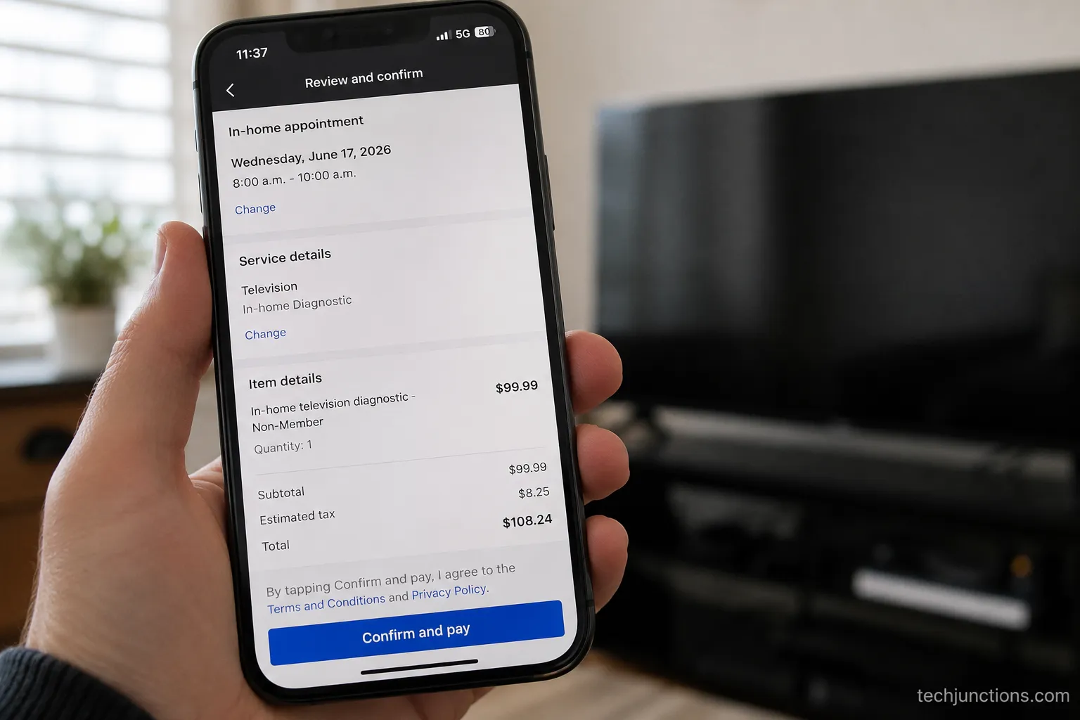 Phone showing a Geek Squad in-home TV diagnostic fee during booking