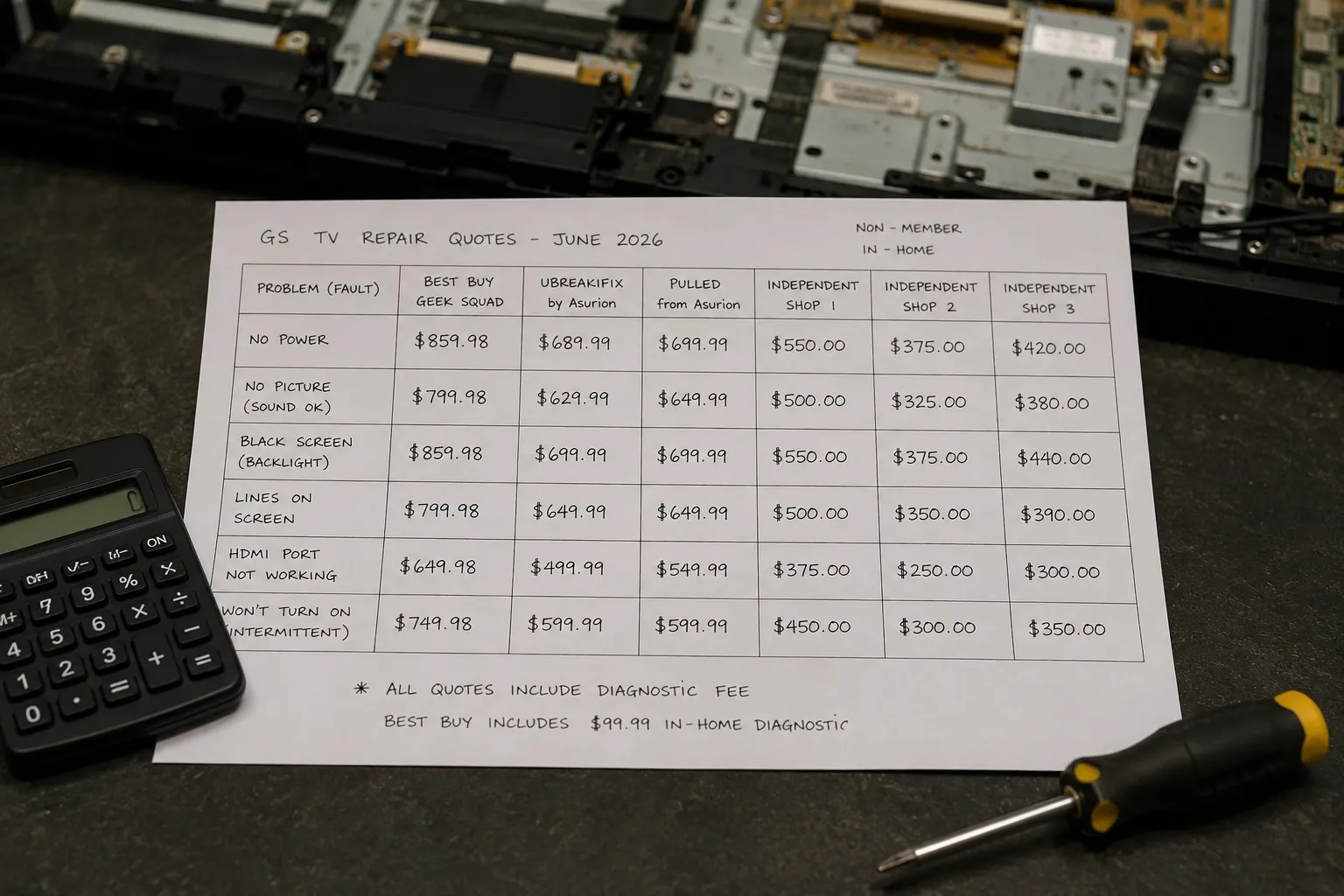 Worksheet of six Geek Squad TV repair quotes by problem from June 2026