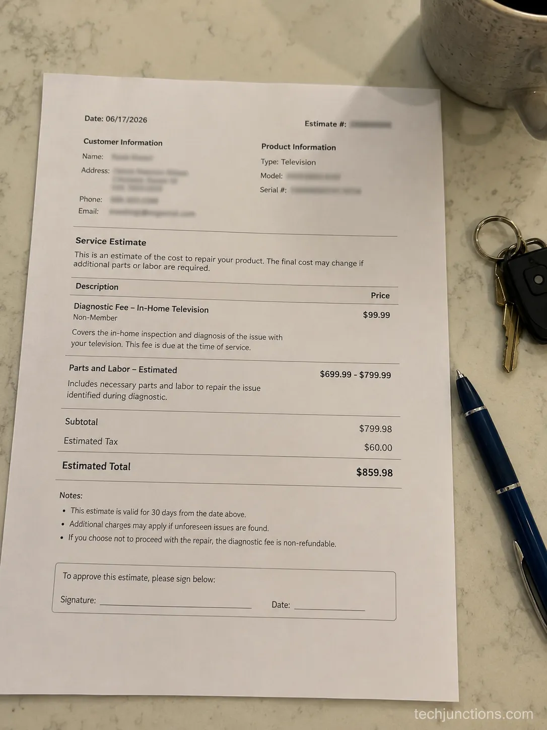 Printed Geek Squad TV repair estimate showing the diagnostic fee line