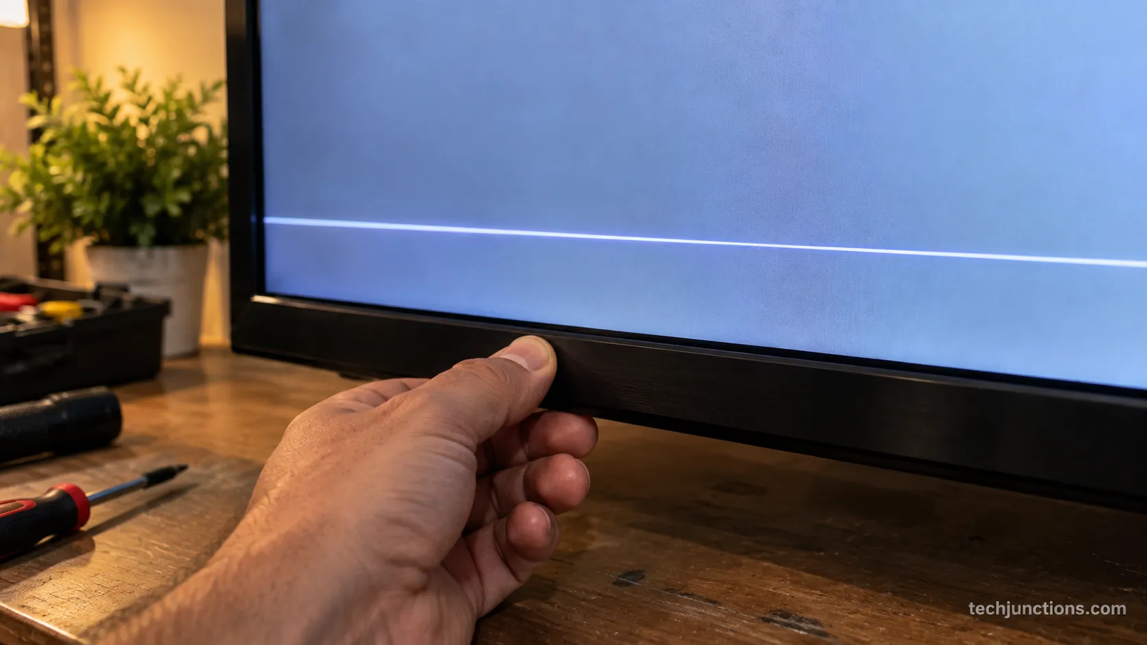 Bezel tap test on an Insignia TV with a horizontal line visible on the panel.