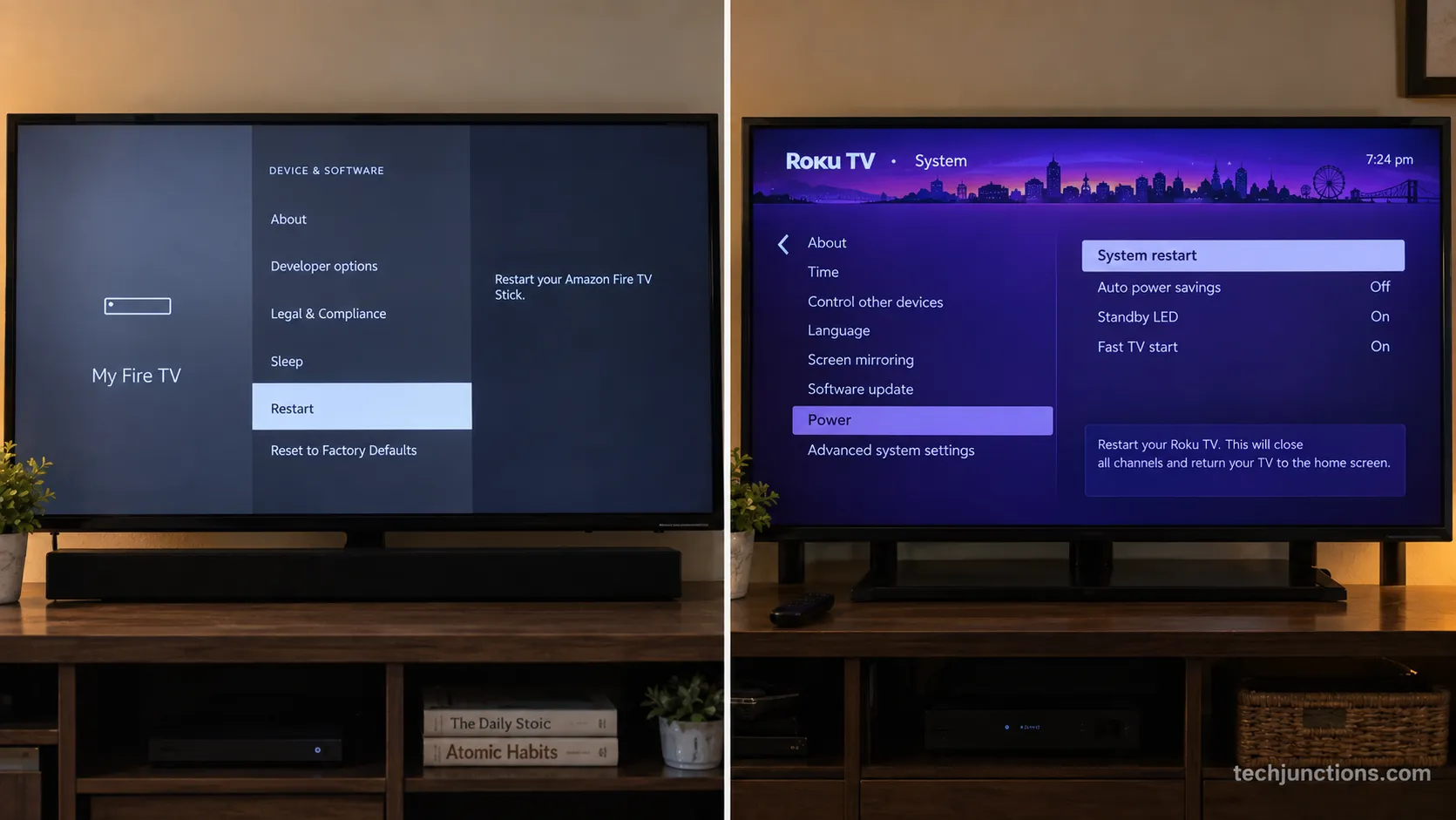 nsignia Fire TV restart menu beside an Insignia Roku TV system restart menu.