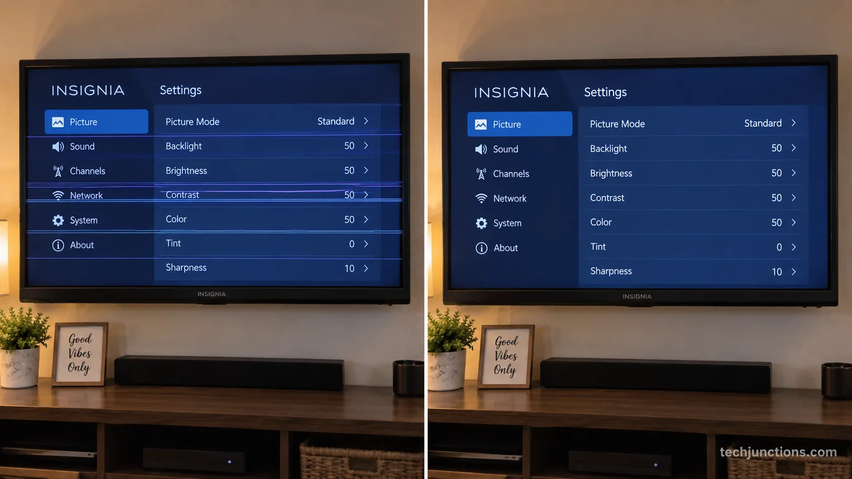 Insignia TV built-in menu still showing horizontal lines versus a clean menu overlay.