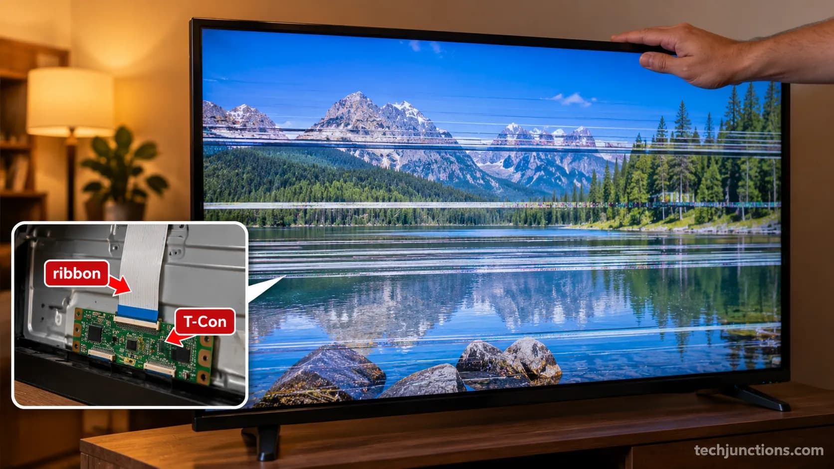 Insignia TV flickering lines from loose ribbon cable.