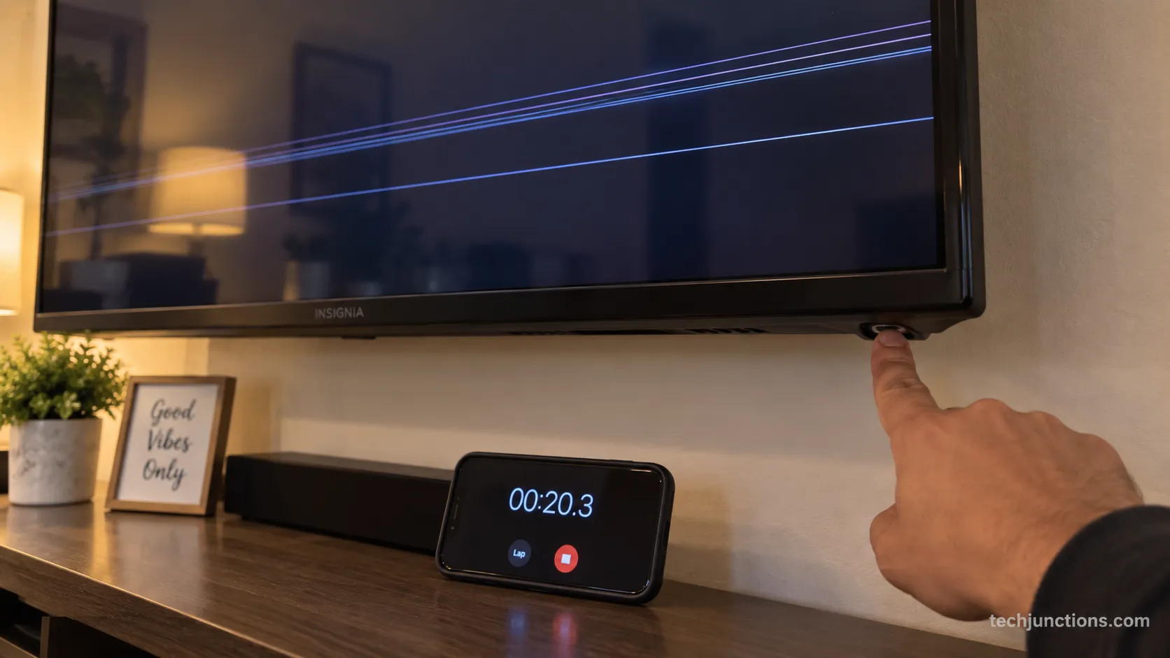 Hard reset on an Insignia TV showing horizontal lines during reboot.