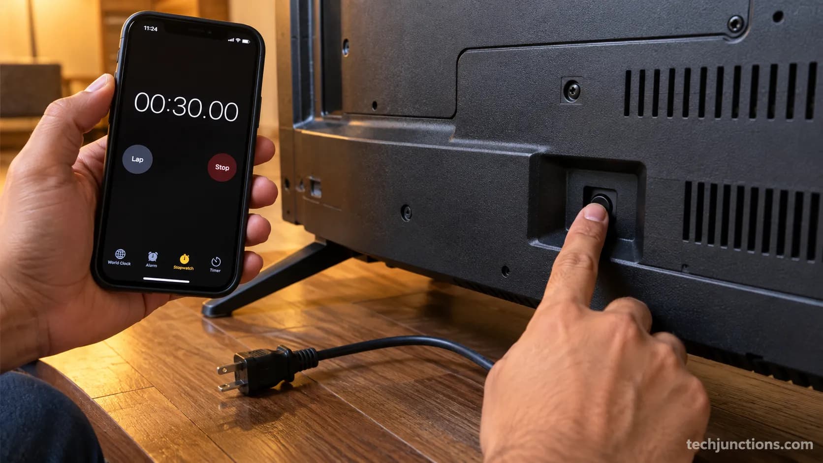 Holding Insignia TV power button 30 seconds to drain reset.