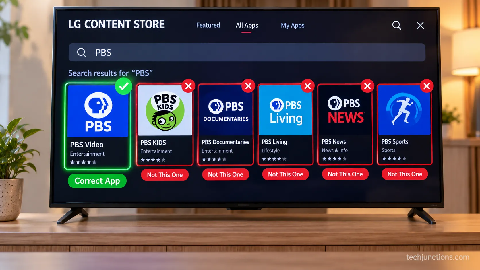 LG TV app-store results with the correct PBS Video app tile emphasized among similar streaming tiles.