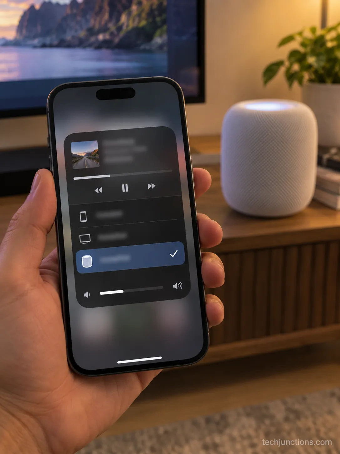 An iPhone AirPlay picker sending app audio to a HomePod without an Apple TV.