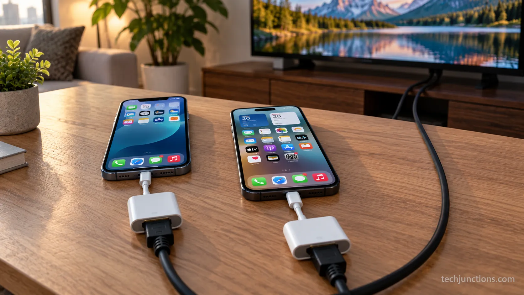 Lightning and USB-C HDMI adapters connecting an iPhone to a Samsung TV