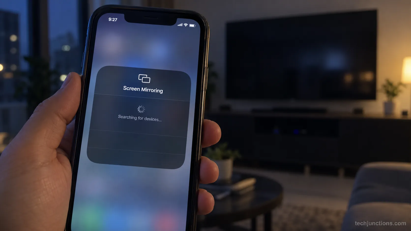 iPhone Screen Mirroring panel showing no Samsung TV found