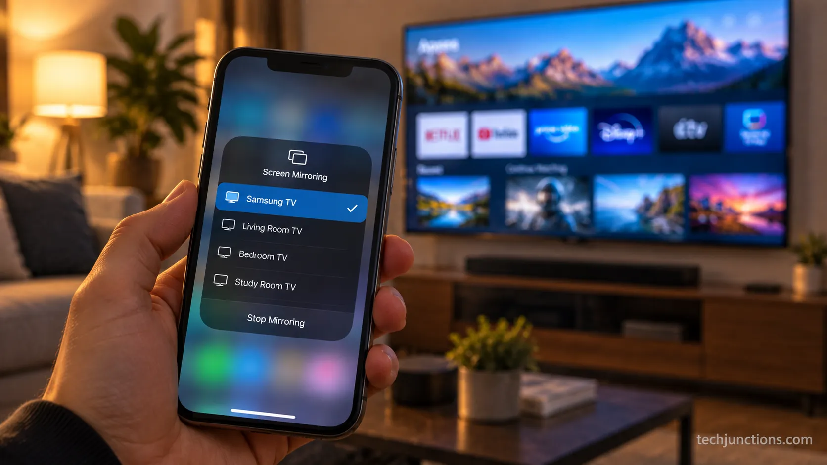 iPhone Screen Mirroring menu listing a Samsung TV as an available device