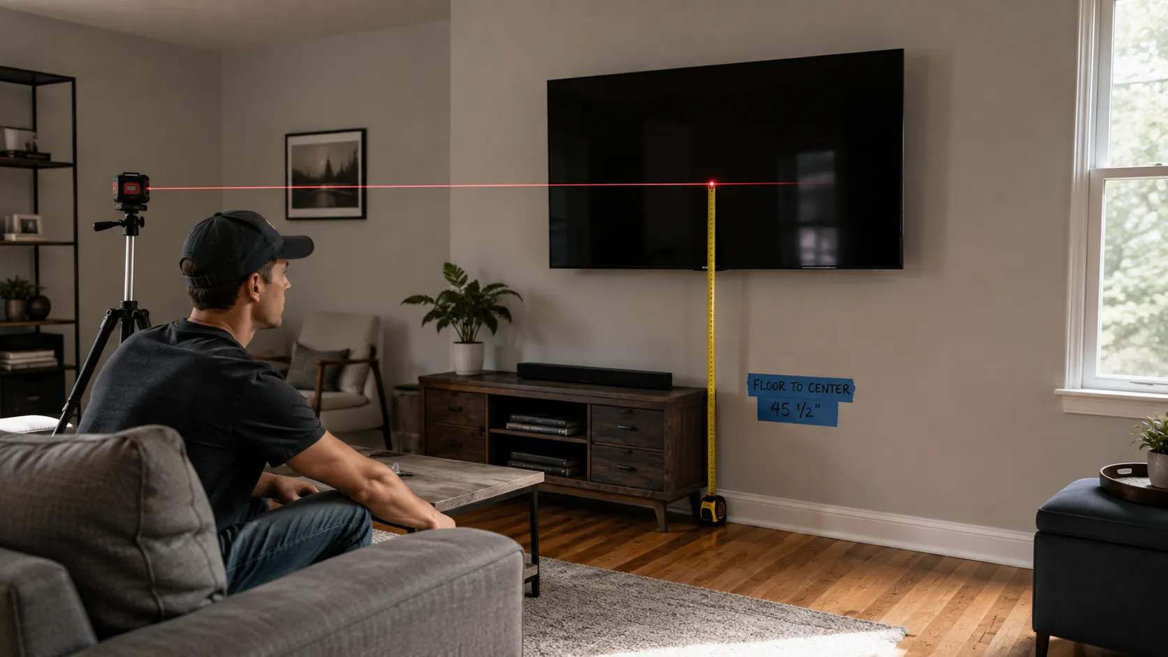 Seated viewer checking TV height with a level laser line to the screen center.