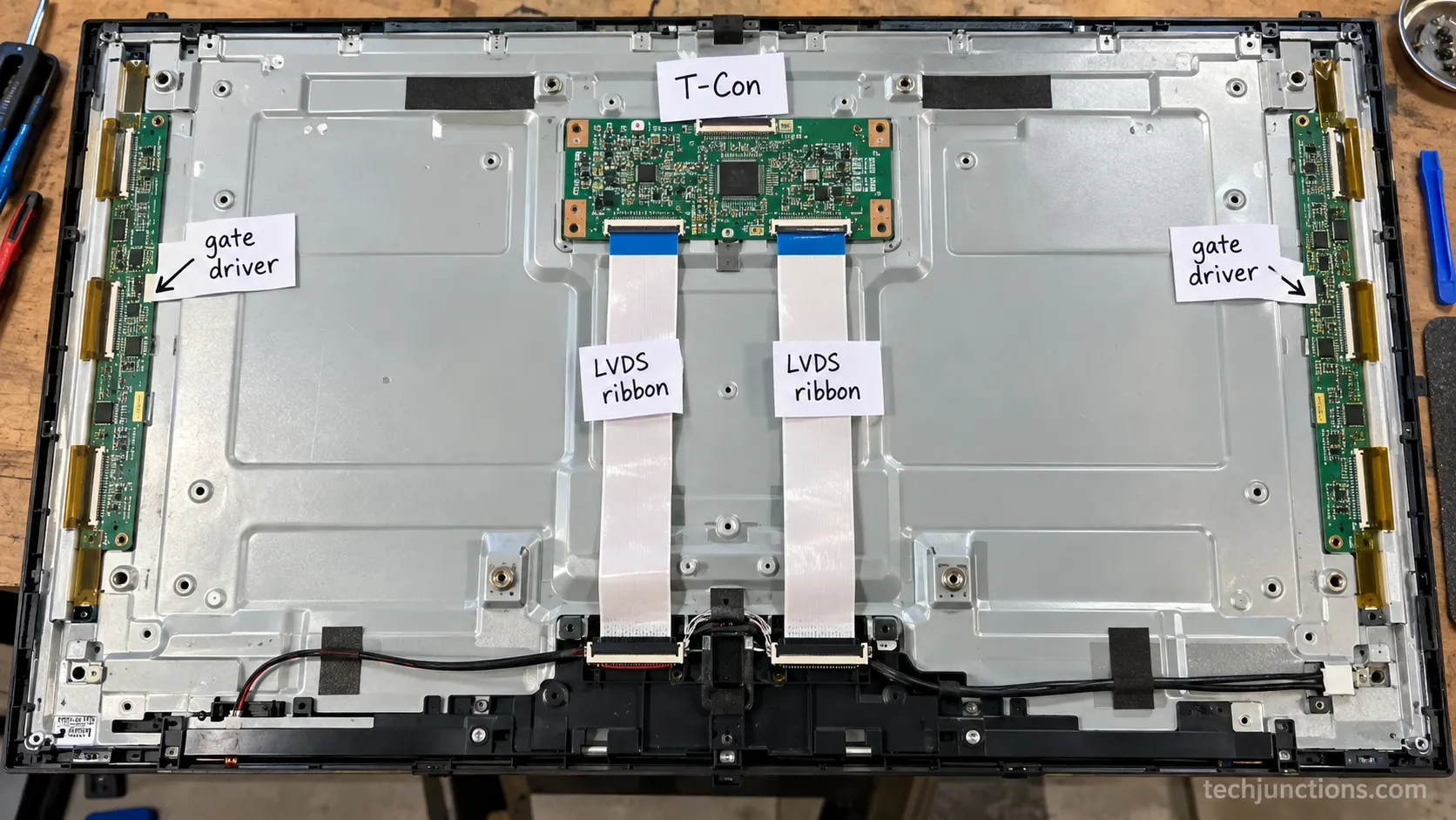 Diagram of an LCD panel showing T-Con board, LVDS ribbon and gate drivers