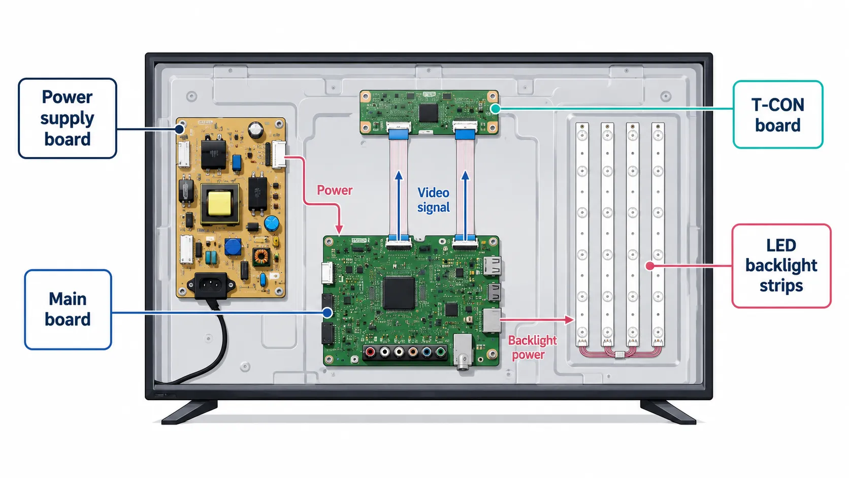 Labeled diagram of an LCD TV interior showing the power supply board, main board, T-CON board, and LED backlight strips with connector lines illustrating power and signal flow.