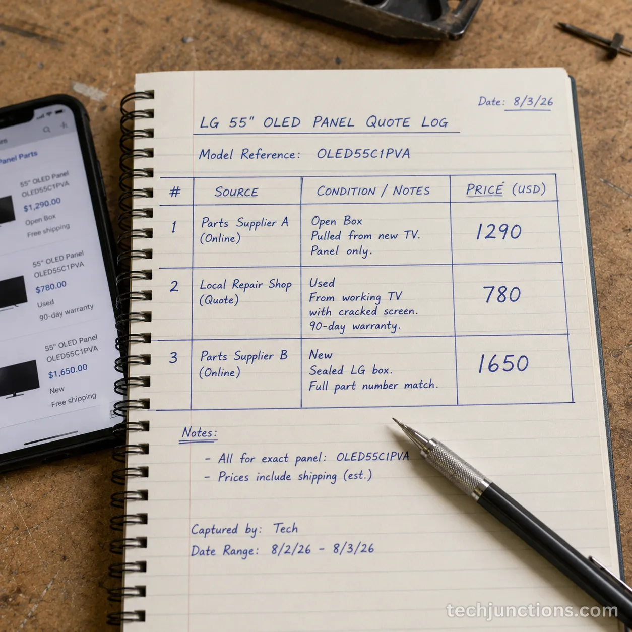 Handwritten quote log comparing three LG 55-inch OLED panel prices by source and condition