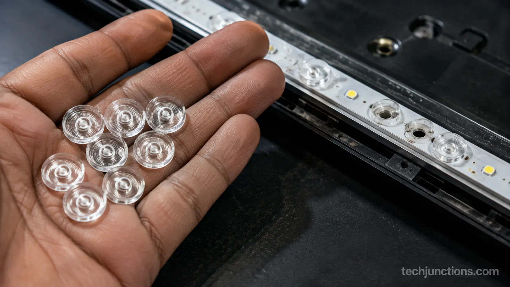 Detached LG TV backlight reflector lenses that cause white spots.