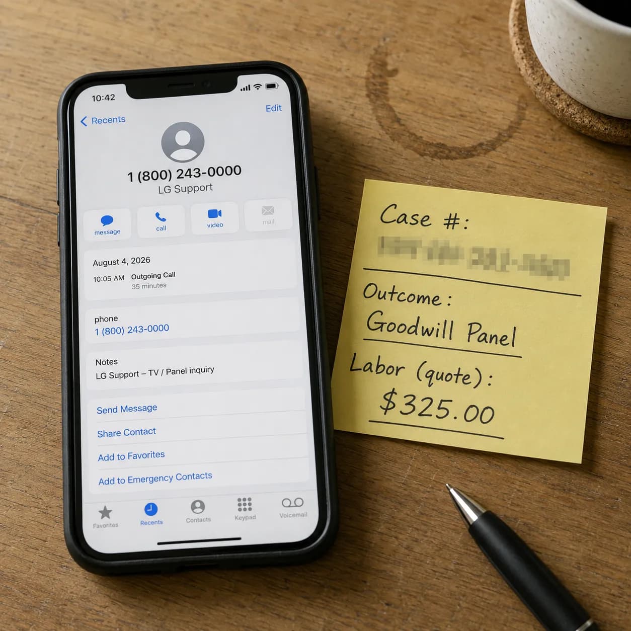 Phone call log and case note showing an LG goodwill panel offer with a 325 dollar labor charge