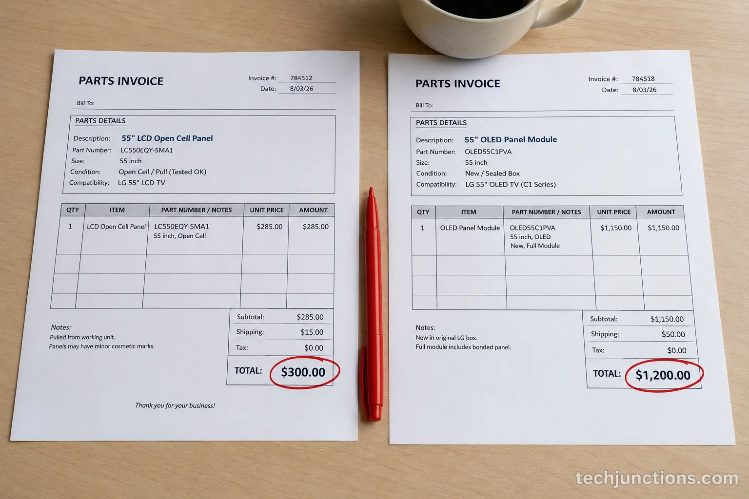 Two LG panel parts invoices side by side showing LCD near 300 dollars and OLED near 1200 dollars