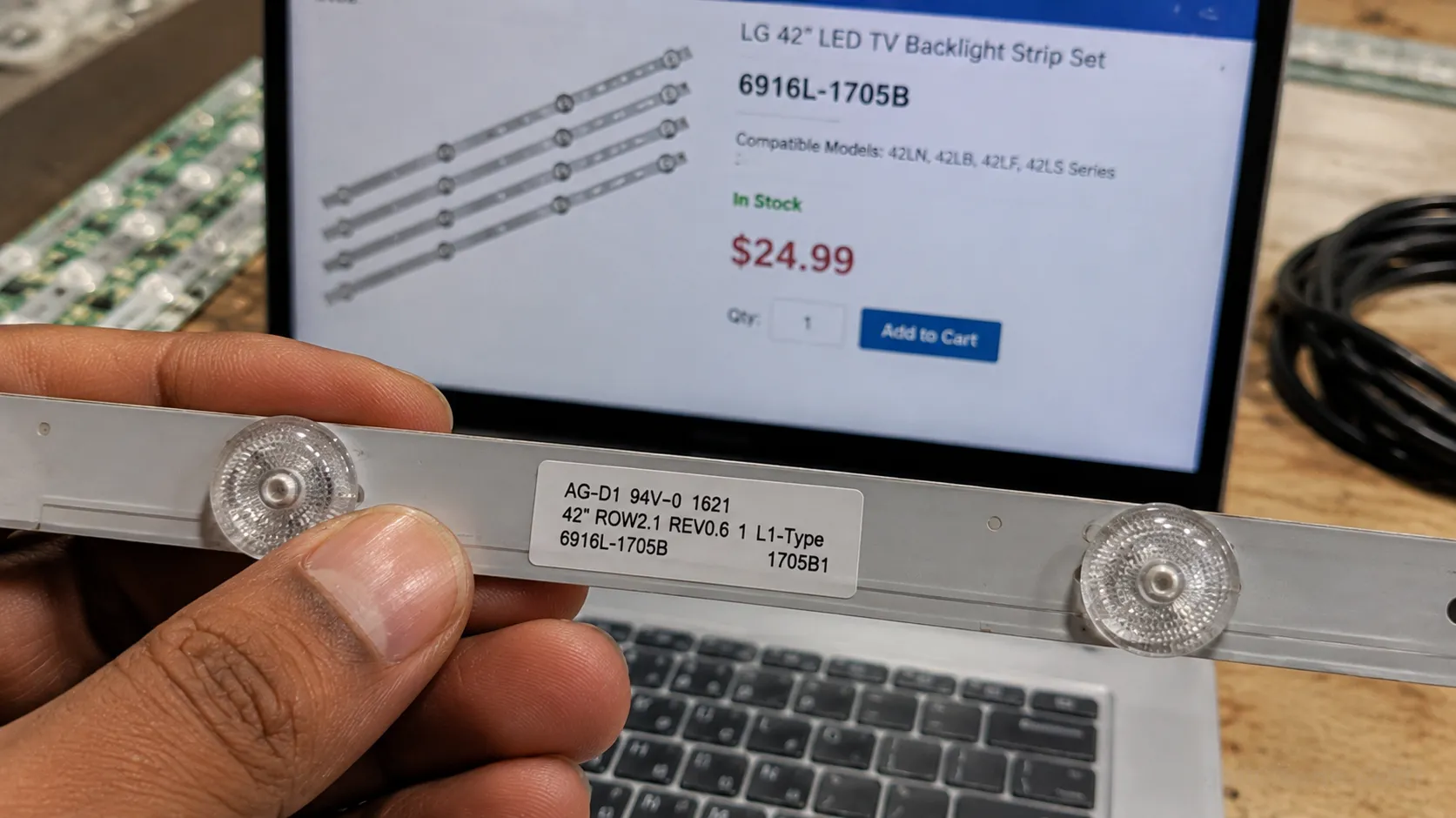 LG TV LED strip part number sticker matched to a vendor listing.
