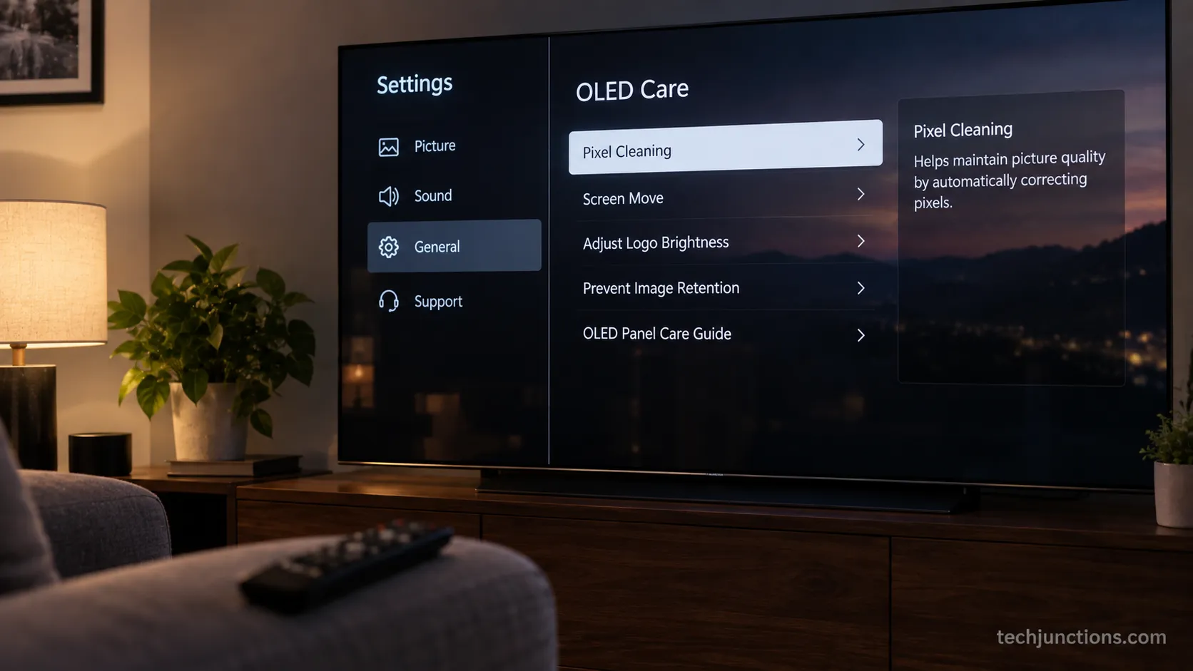 LG OLED Care menu showing the Pixel Cleaning option on webOS.