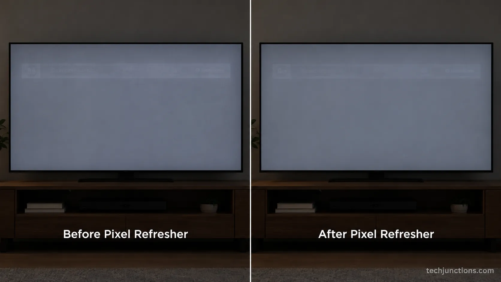 Before and after LG OLED screen images showing retained banner remaining after Pixel Refresher