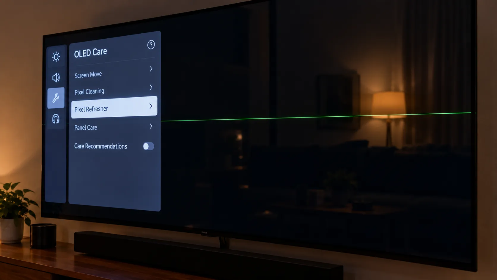 LG OLED Pixel Refresher menu running beside a green horizontal line on the panel.