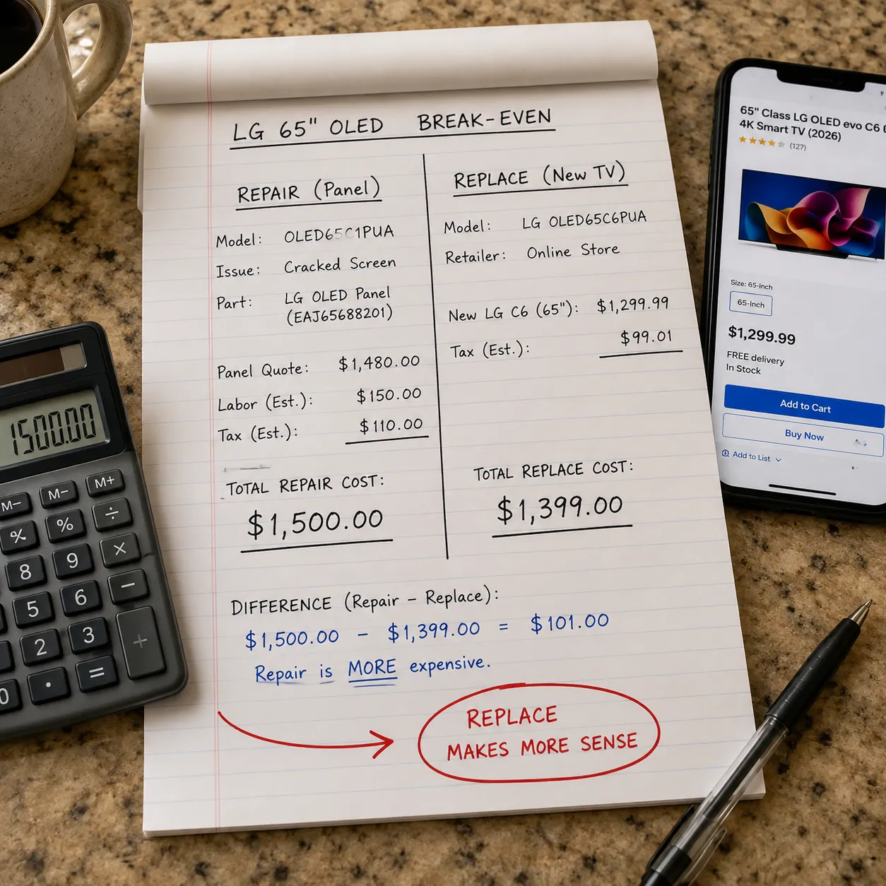Break-even worksheet comparing a 1500 dollar LG panel repair against a 1399 dollar new LG C6