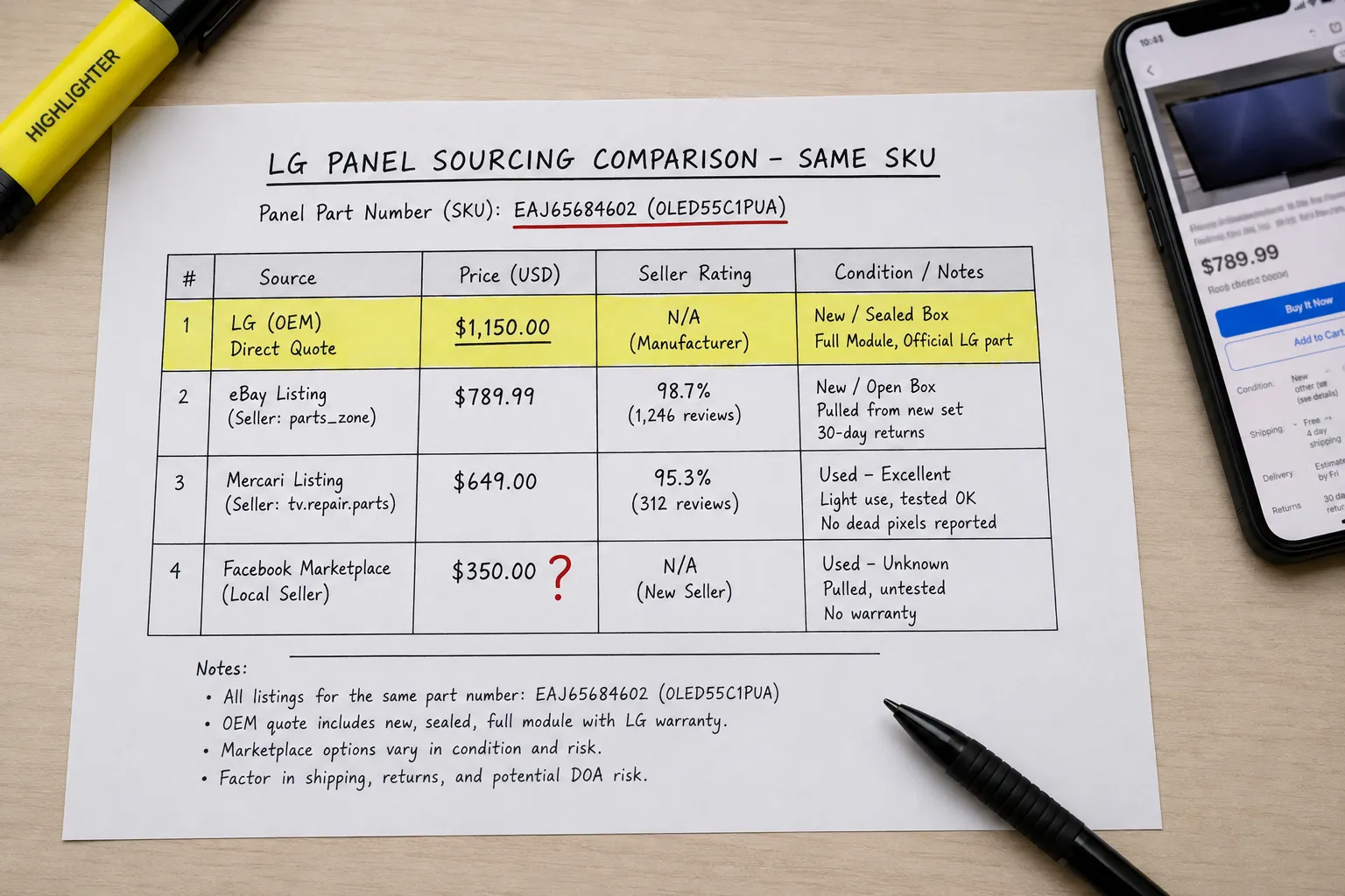 Sourcing comparison sheet listing one OEM and three marketplace LG panel listings by price and seller rating